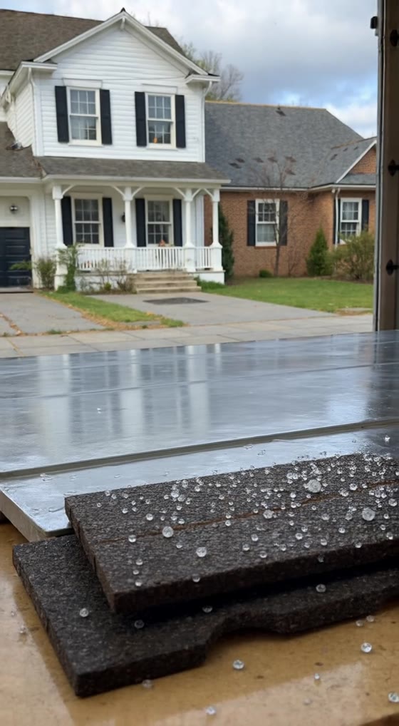 Hail on a metal panel beside a shingle, from the metal-roofs reel