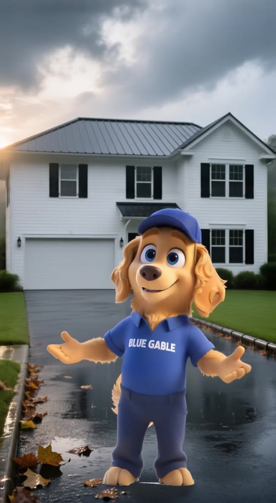 The retriever mascot on a wet driveway, from the metal-roofs reel